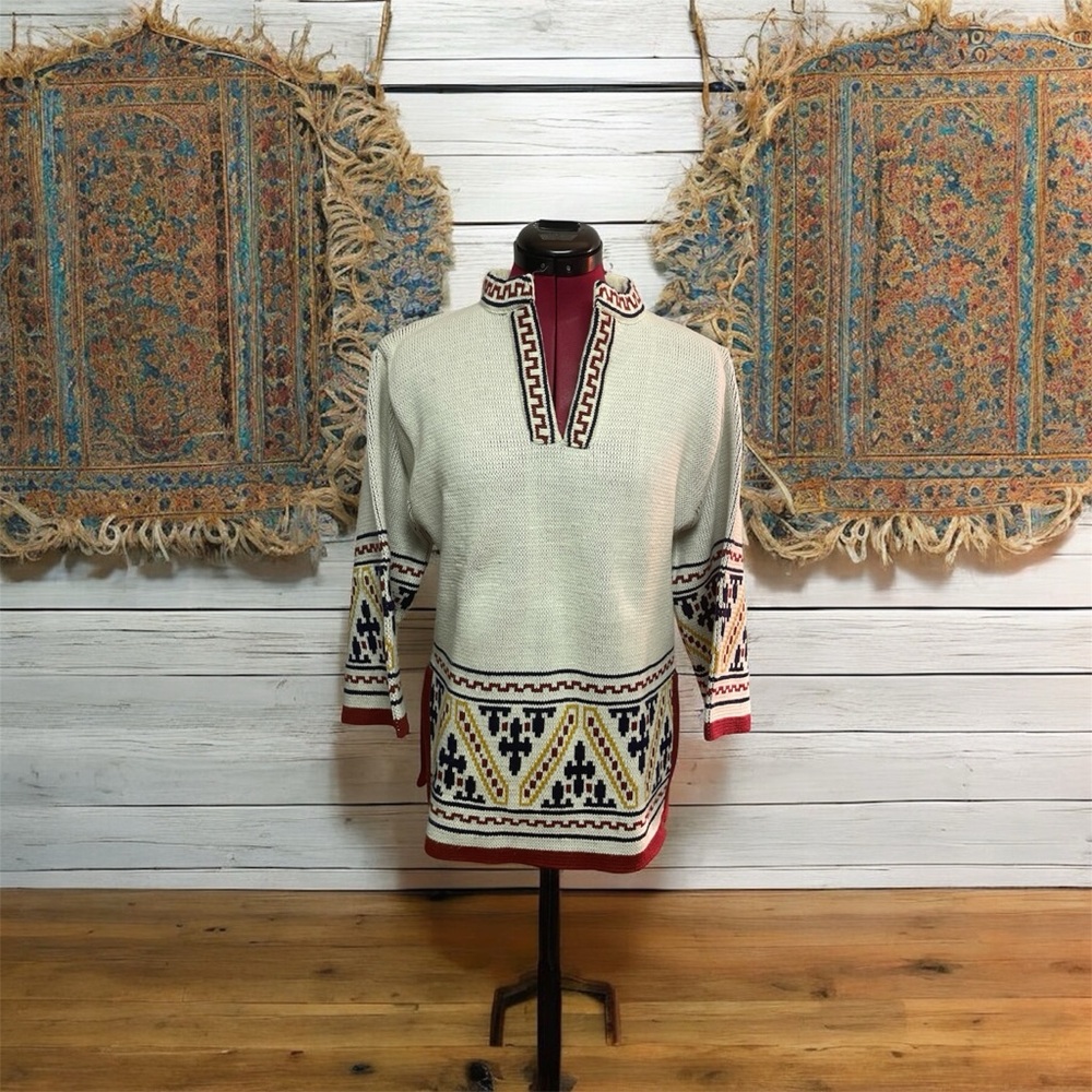 Vintage Boho Folk Knit Sweater Tunic Ethnic Geometric Embroidered Pullover M/L